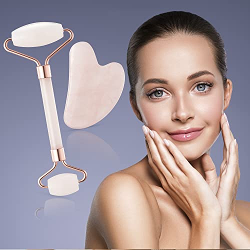 BRÜUN Jade Roller and Gua Sha Kit Genuine Rose Quartz for Face and Neck Massage - A Skin Care Roller