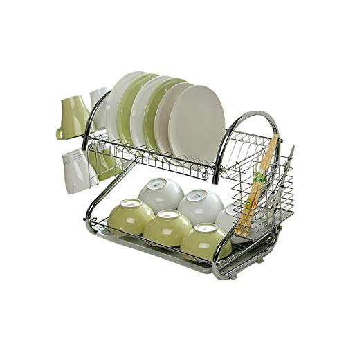 Set di scolapiatti a Forma di S Piatto in Acciaio Inossidabile Cromato a 2 Livelli Portaposate Portatazze con Vassoio Cestello di Scarico in Acciaio Scaffale da Cucina