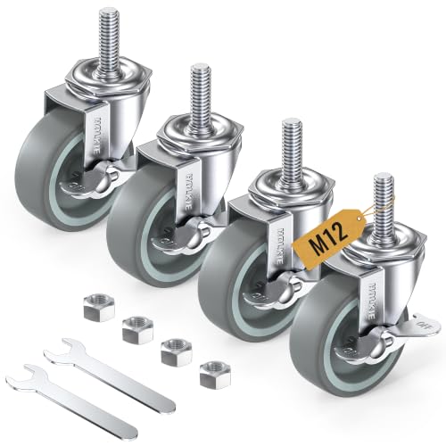 HOLKIE Lenkrollen 75mm (3 Zoll) mit Bremsen Möbelrollen Transportrollen, M12 x 1,75 x 30mm (Schaftdurchmesser 12mm, Schaftlänge 30mm) Schwerlastrollen Gummirollen 4er Set Rollen für Möbel Grau