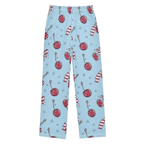 Pajama Bottoms, Cherry Ribbon Bows Pajamas Pant Sleep Long Pants Blue Lounge Wear Elastic Waist Sleepwear Pjs