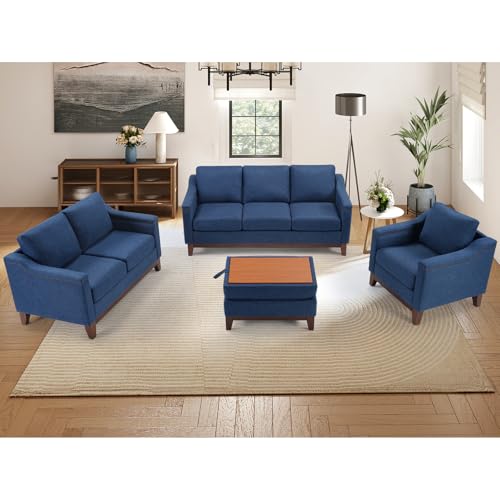 Image of HAOMARKETS 4 Piece Chenille Sofa Set with Nailhead Trim, Included 2 Comfy Accent Chair with Thicked Cushion and 2 Upholstered Storage Ottoman with Flip-Top Table, Living Room Furniture Set,Blue