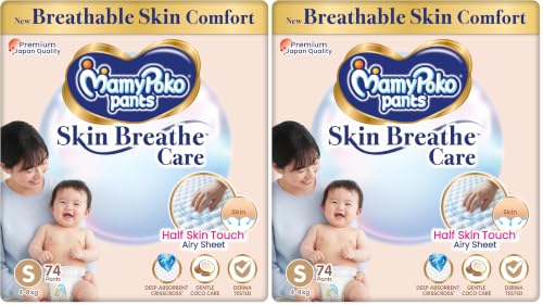 Image of MamyPoko Pants Skin Breathe Care | Baby Diapers Small Size (S) | 74 Count | 4-8Kgs | Half Skin Touch Airy Sheet | 3X Breathable | Derma Tested (Pack of 2)