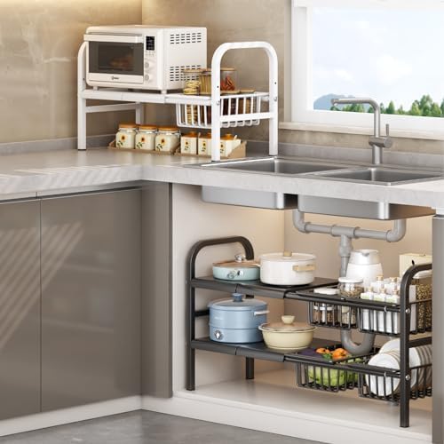 Under Sink Organizer，2 Tier Expandable Heavy Duty Metal Shelf，with 5 Removable Panels and 5 Storage Basket for Under Kitchen Bathroom Sink Organizers and Storage(Black, Large) - Image 6