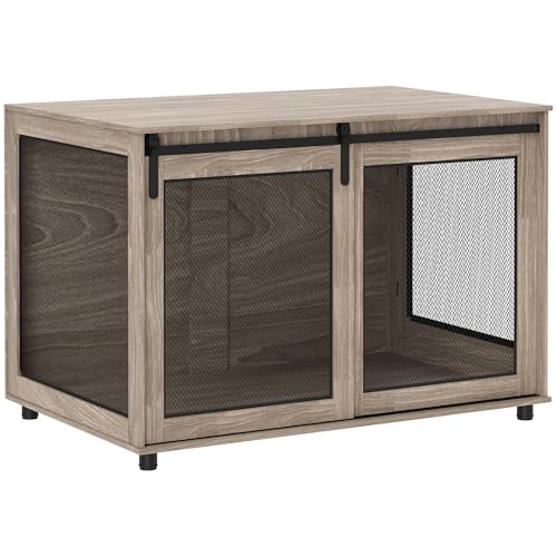 PawHut Dog Crate Furniture, Dog Cage End Table with Sliding Door, Pet Kennel for Extra Large Breeds, 118 x 75.5 x 82cm, Walnut Brown