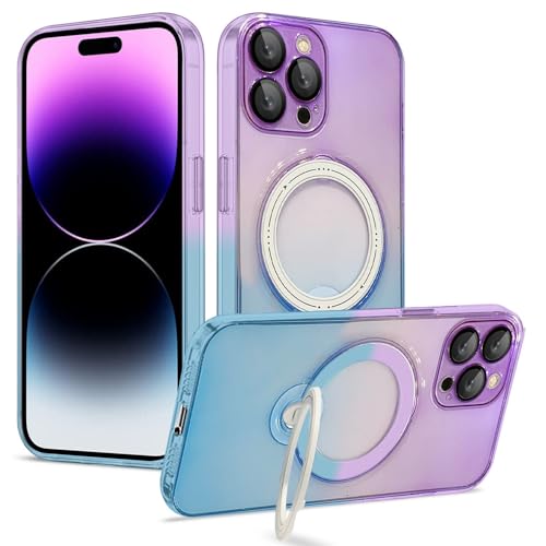 Coque Transparente iPhone 14 Plus Étui Magnétique Double Couleur Violet Bleu avec Support Intégré