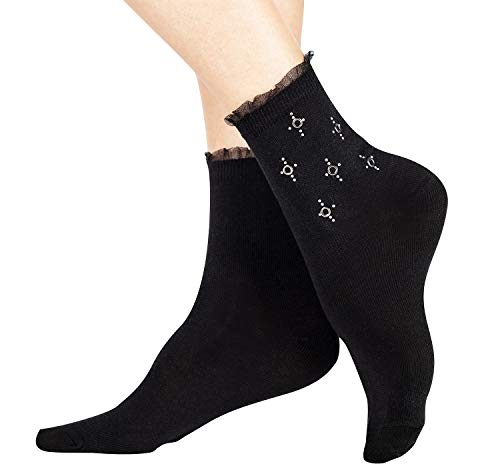 Badgley Mischka Ladies Fashion Rhinestone Eyelet Cotton Crew Socks With Mesh Ruffle, Black/Grey, One Size, Pack Of 2 #TOP1