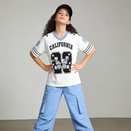Image of Tween Girls Clothes Short Sleeve Graphic T-Shirt Top + Cargo Pants 2pcs Outfit Set, Size 7-15Years
