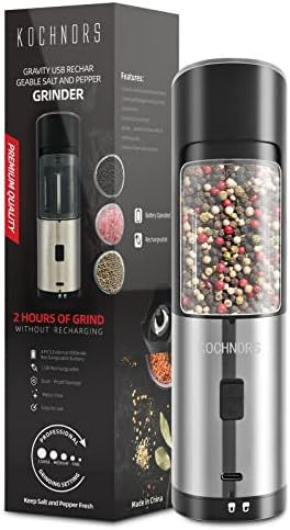 Kochnors USB Rechargeable Pepper Grinder, Gravity Electric Pepper Grinder with 6 Level Adjustable Coarseness, One Handed Operated Salt and Pepper Grinder for Kitchen, Restaurant and BBQ