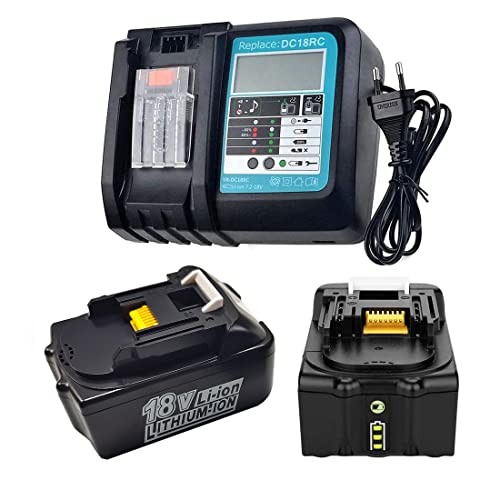 FCEnergy 18 V, 5 Ah, 2 baterías BL850B + 1 cargador DC18R Compatible con BL1860B BL1855 BL1840 BL1830 BL1835 BL1820B BL1815 Batería de actualización con pantalla LED (gran capacidad y larga duración) Cover