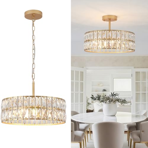 Rviezza Modern Gold Crystal Ceiling Pendant Lighting, 5-Light Vintage Metal Semi-Flush Mount Hanging Light, Gold Chandelier with Round Crystal Shade and Adjustable Metal Chain, E14 Dimmable Socket