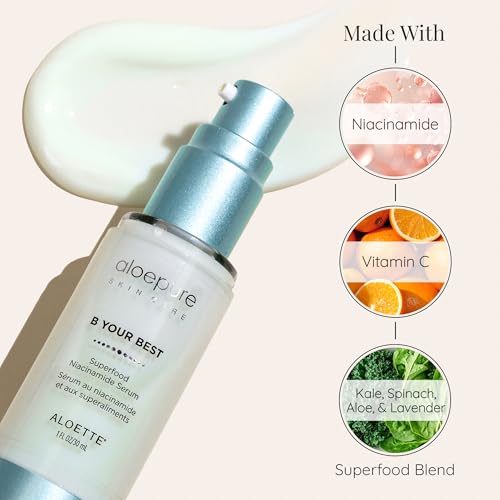 Aloette Superfood Niacinamide Serum for Face, B Your Best - Anti-Aging Pore Minimizer, Even Skin Tone & Dark Spot Corrector - Moisturizing Facial Serum with Vitamin C & Blend of Kale, Spinach & Aloe 1 fl oz