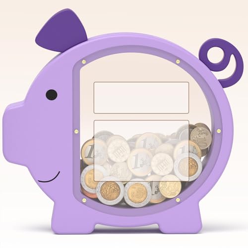 Image of Piggy Bank for Kids Girls,Purple Kids Piggy Bank with Creative DIY Stickers | Large Wooden Clear Coin Bank, Birthday & Toddlers Gifts, Personalized Money Box Toys for Child Cute Room Christmas Decor