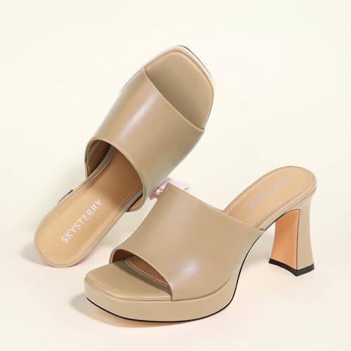 SKYSTERRY Nude Women’s Block Chunky High Heeled Sandals Platform Square Open Toe Heels Mules Comfortable Slip On Slides for Wedding Party Dating Size 7 by SKYSTERRY - Used condition - Image 7