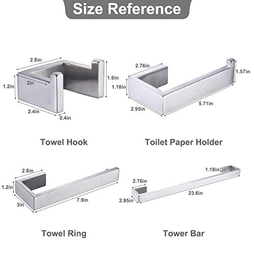 DOCNACHT 4-Piece Bathroom Hardware Accessory Set Towel Bar Toilet Paper Holder Hand Towel Bar and Double Robe Hook Brushed Nickel Wall Mount SUS 304 Stainless Steel - Thumbnail 2
