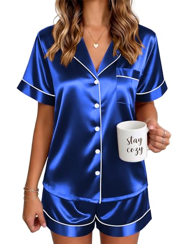 Ekouaer Ladies Pajamas Sets Silk Pj for Women Set Short Sleeve Button Down Loungewear Soft 2 Piece Satin Sleepwear Royal Blue S