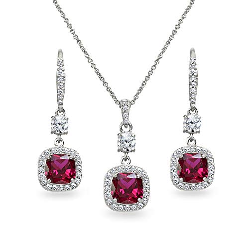 Sterling Silver Synthetic Ruby Cushion-Cut Halo Dangle Leverback Earrings & Pendant Necklace Set #TOP22