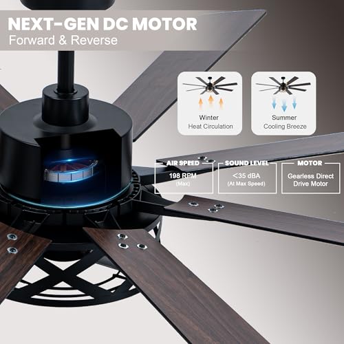 Image of Dawn Whisper Black Ceiling Fans with Lights 72 Inch Farmhouse Ceiling Fan with Remote Quiet Reversible DC Motor 6 Speeds 8 Blades Large Industrial Chandelier Fan for Living Room Bedroom