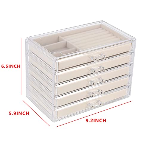 Cq Acrylic Jewelry Organizer With 5 Drawers Clear Acrylic Jewelry Box Gift For Women Mens Kids And Little Girl Stackable Velvet Earring Display Holder For Earrings Ring Bracelet Necklace Holder,Beige #TOP1