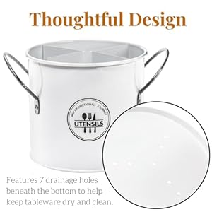 Vintage Farmhouse Utensil Holder 4 Compartment Metal Silverware Cutlery Caddy with Removable Divider Round Flatware Organizer with Handle for Kitchen Countertop Fork Spoon Knife White