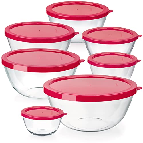 dokaworld 7 Stackable Space-Saving Nesting Glass Bowls with Pink Lids for Foodprep, Storage, Baking, Mixing & Cooking, Microwave Safe - Durable Inert Borosilicate Glass