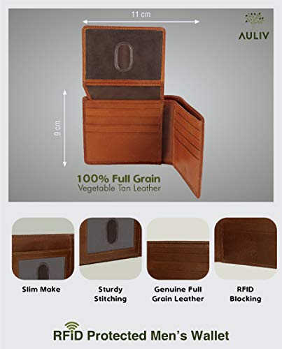 AULIV Men’s Bifold Wallet - Stylish Full Grain Veg Tan Leather Wallets for Men with 2 ID windows & 8 credit card slots- Slim Wallet Design with RFID Protection - Ideal Gift for Men3