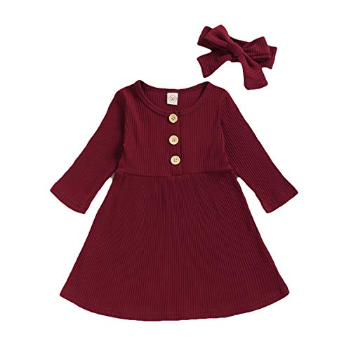 Happy Town Toddler Baby Girl Fall Outfit Casual Dress Solid Long Sleeve Outfit Button Dress with Headband Clothes (Wine Red, 3-4T)