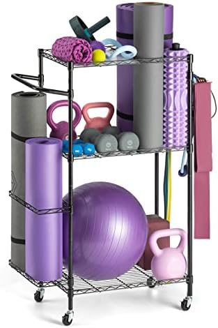 FHXZH Yoga Mat Storage Rack, Dwelling Fitness center Exercise Gear Storage Rack, Cart for Organizing Exercise Room, Organizer Yoga Gear Dumbbell Kettlebells Dwelling Fitness center Storage Rack with Hooks and Wheels