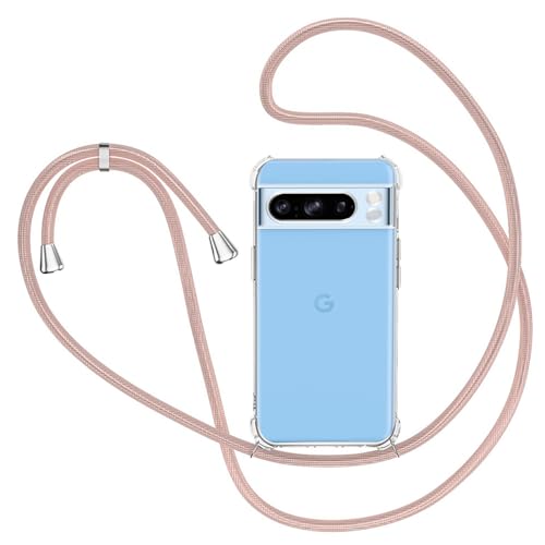 XTCASE Cover con Cordino per Google Pixel 8 Pro, Custodia Trasparente con Collana Tracolla Laccio Collo Ultra Sottile Morbido TPU Silicone Antiurto AntiGraffio Case, Oro Rosa