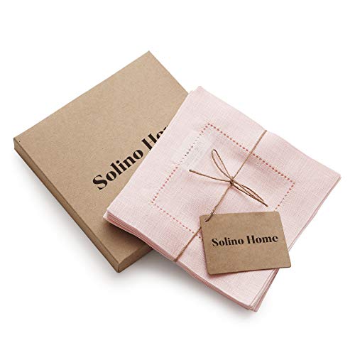 Solino Home Linen Cocktail Napkins 6 X 6 Inch – 100% Pure Linen Fabric Pink Coaster Napkins Set Of 12 – Machine Washable And Handcrafted From European Flax – Classic Hemstitch #TOP1