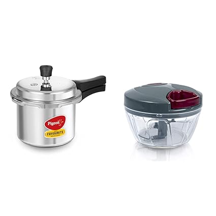 Pigeon By Stovekraft Favourite Induction Base Aluminium Pressure Cooker with Outer Lid, 3 Litres & Plastic Mini Handy and Compact Chopper with 3 blades (12683, 400 ml)