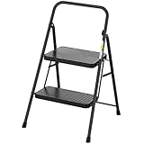 HBtower 2 Step Ladder, Step Stool with Wide Anti-Slip Pedal, Folding Step Stool with Convenient Handle for Home and Kitchen, Black