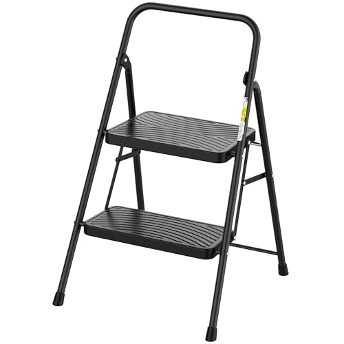 HBtower 2 Step Ladder, Step Stool with Wide Anti-Slip Pedal, Folding Step Stool with Convenient Handle for Home and Kitchen, Black