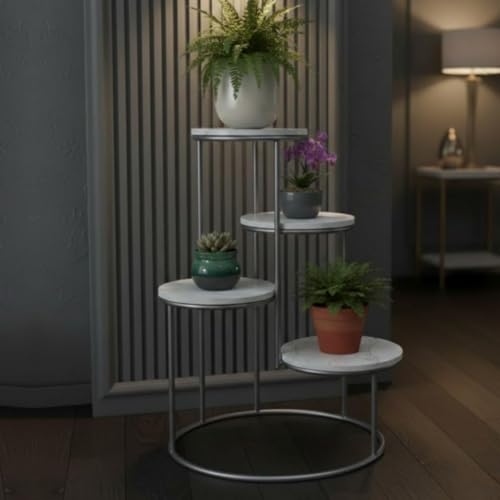 Image of Modern 4-Tier Plant Stand Indoor Metal & Wood | 60 cm Tall Multi-Level Flower Pot Stand | Heavy Duty Corner Plant Rack for Living Room, Balcony, Garden | Decorative Plant Holder for Indoor Use (White Silver)