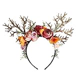 Amosfun Rentier Geweih Haarreif mit Blumen Weihnachten Haarschmuck Elchgeweih Kopfschmuck Weihnachtsmütze Elch Kopfbedeckung Kinder Erwachsene Party Foto Requisiten Kostüm Zubehör
