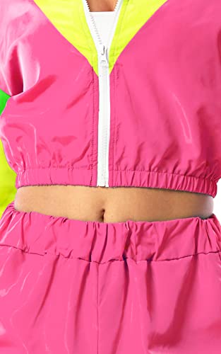 Yisfri Women Retro 80'S 90'S 2 Piece Outfits Theme Party Track Suit Zipper Windbreaker Neon Costume Joggers Set (Pink, S) #TOP3