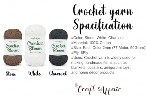 Image of Craft Affair | Crochet Bloom Cotton Yarn 8ply (Each Color 2mm, 77Meter, 50Gram) 100% Pure Cotton | for Knitting Yarn | Craft & DIY Project: Stone, White, Charcoal