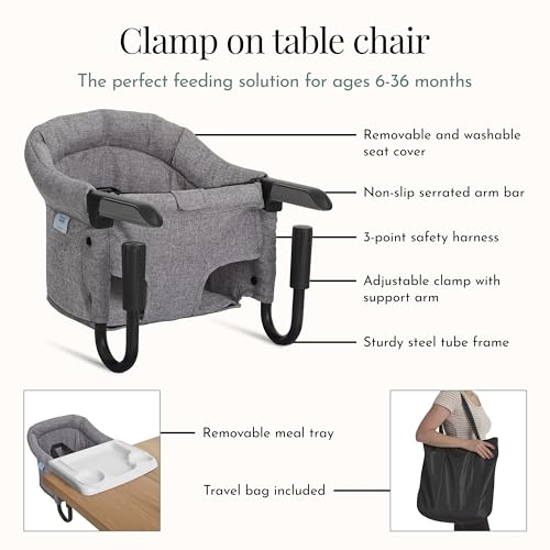 Image of Evolur Hook-On Baby High Chair, Portable Clamp-On Dining Seat with Dishwasher Safe Food Grade Tray, Clip-On Table Chair, Carry Bag, Back Pocket, ASTM Certified, 6-36 Months