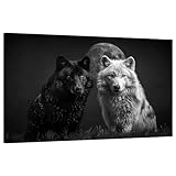Large Black and White Wolf Wall Art Full Moon and Two Wolf Posters Prints Artwork Modern Wild Animal Pictures Wall Decor Living Room Bedroom Home Office Decor Framed Ready to Hang-28''Wx44''H