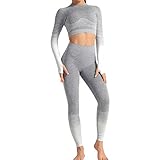 Conjunto Tops Yoga Seamless Gradient Yoga Top de Manga Larga Pantalon Deportivo Leggings Sin Costuras Mujer Alta Cintura Elásticos Fitness para Mujeres Gym Running Yoga (Blanco, S)