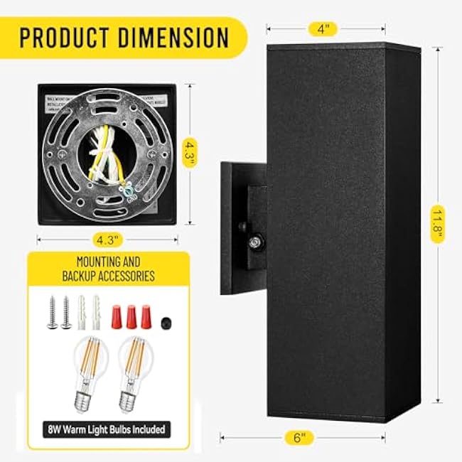 Outdoor Light Fixture Dusk to Dawn 2 Pack, Matte Black Modern Porch Light IP65, 3000K LED Bulbs Exterior Lighting Fixtures Outdoor Wall Lights for House, Garage Front Door