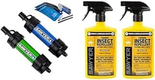 Sawyer Products SP2101 MINI Water Filtration System, 2-Pack, Blue and Green + Sawyer Products SP6572 Twin Pack Premium Permethrin Clothing Insect Repellent Trigger Spray, 24 oz,Yellow