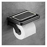 Portarrollos de papel higiénico con estante, soporte de aluminio montado en la pared, diseño de ahorro de espacio para cocina y baño, color negro