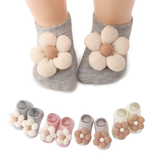 Flower Baby Girls Socks with Non-Slip Grips Cute Cotton Princess Low Newborn Baby Socks for Girls Toddler 0-6 Months