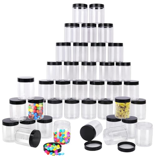 IHDYPPEW 48 Pack 8 OZ Clear Plastic Jars with Black Lids, Empty Plastic Mason Jars, Cosmetic Jar with Lids for Cream, Body Butters, Moisturizers, Candy, Beads, Samples (Clear) by IHDYPPEW - Used condition - US$26.58
