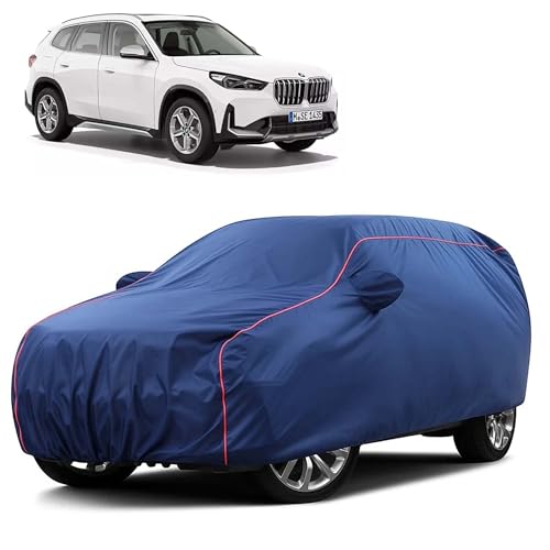Image of Sulfar 100% Water Resistant Car Body Cover Compatible with Mirror for BMW X1 (Triple Stitched, Full Bottom Elastic, Blue Taffeta with Red Piping)