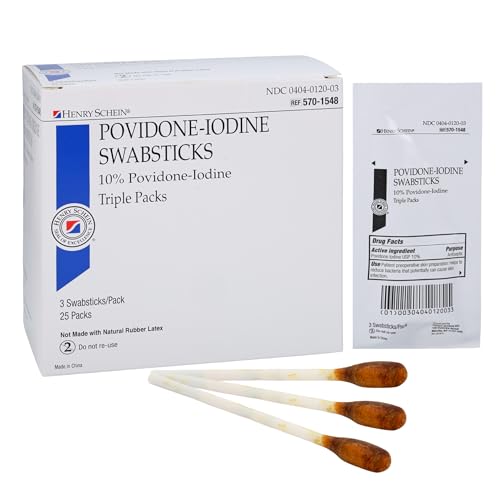 Henry Schein Prep Povidone-Iodine Swabsticks 3's, Individually Packed, Sterile, Antiseptic for Skin Preparation, 10% Povidone-Iodine- 25/BX