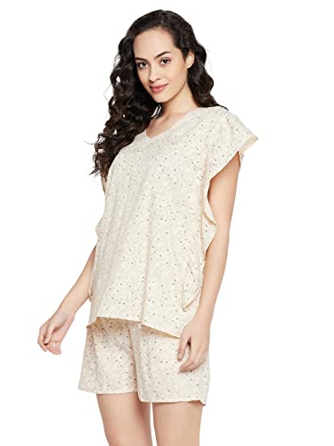 Image of Clovia Women's Cotton Pretty Florals Kaftan Top & Short Set in Beige