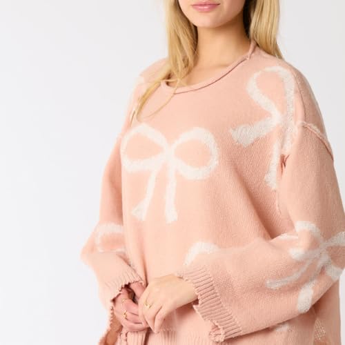 Image of Women Cute Bow Knit Sweater Y2k Long Sleeve Crew Neck Knitted Pullover Top Oversized Going Out Fall Winter Knitwear