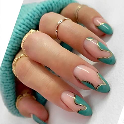 YoYoee French Short Press on Nails Cute Almond False Nails Acrylic Green Fake Nails Full Cover Stick on Nails for Women and Girls 24pcs