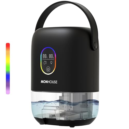 MONHOUSE Premium Dehumidifer - 1000ml - Ultra Quiet Electric Moisture Absorber - 7 Colorful Nightlight, 2 Working Modes, Touch Screen, Auto Shut Off, Humidity & Temperature Indicator - Black